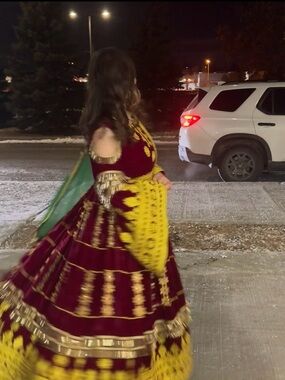 Traditional Long Sleeve Women's Dress in Maroon and Yellow best for parties